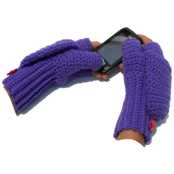 Convertible Crocheted Mittens Purple Wool