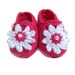 Baby Booties, Baby Shoes, Crocheted, Raspberry Pink, Mary Jane Shoes Booties 3 - 6 Months  Bright Pink with White Daisy