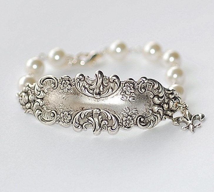 French Bracelette  Silver Ornate Victorian Pearl Paris Retro Old Hollywood Pearls white Bridal