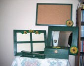 Photo Frame Mirror Desk Accessories Organizer Set Office Bulletin Board Paper Clip Push Pin Box Note Holder Hand Painted Wood Sunflower