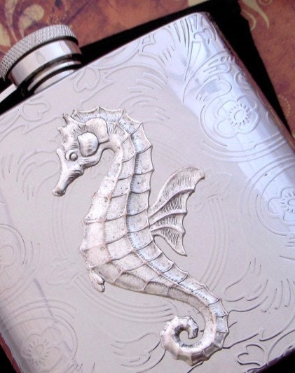 Seahorse Flask Stainless Steel Silver Plated Metal Nautical Steampunk Big Holds 6 oz - Vintage Style Gothic Victorian Scroll Pattern
