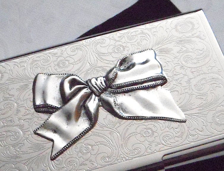 Metal Business Card Case Feminine Ribbon Bow Silver Plated Vintage Style Gothic Victorian Steampunk Accessories & Gifts
