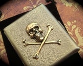 Big Skull Cigarette Case Skull & Crossbones Vintage Inspired Antiqued Rustic Brass Gothic Victorian Steampunk Style Skull Case