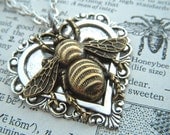 Bee Necklace Heart Necklace Gothic Victorian Mixed Metals Lightweight Pendant Feminine Vintage Inspired Steampunk Style Jewelry