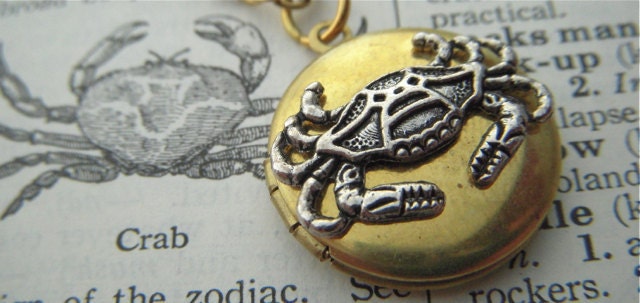 Tiny Crab Locket Necklace Round Brass Rustic Primitive Antiqued Finish Small Size Mixed Metals Gold Plated Chain Included