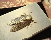 Cicada Bug Business Card Case Vintage Inspired Antiqued Bronze Brass Finish Metal Case Gothic Victorian Florentine Scroll