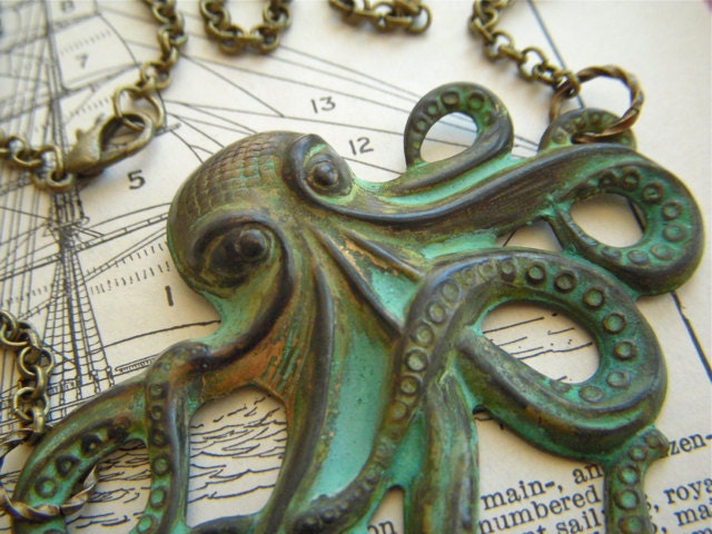 Real Verdigris Octopus Necklace Rustic Natural Green Patina Color Primitive Antiqued Brass Stamped Metal Long Rolo Chain