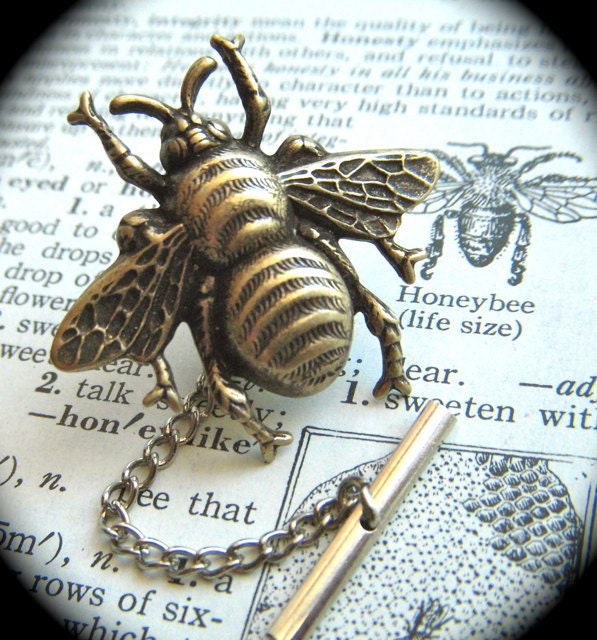 Tie Tack Bee Brass Plated Big Bumble Bee Pin Men's Accessories & Gifts Gothic Victorian Steampunk Style Rustic Vintage Inspired