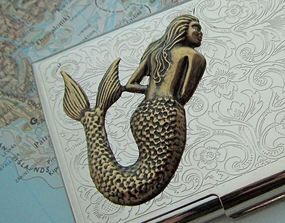 Mermaid Business Card Case Gothic Victorian Nautical Steampunk Pirate Silver Plated Metal & Antiqued Brass Mixed Metals Vintage Inspired