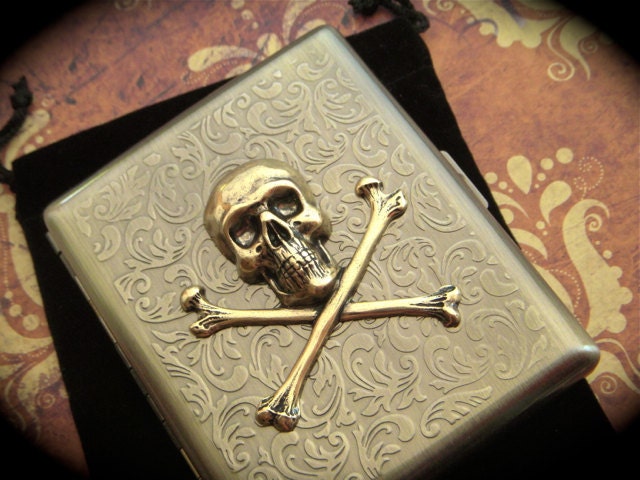 Big Skull Cigarette Case Skull & Crossbones Vintage Inspired Antiqued Rustic Brass Gothic Victorian Steampunk Style Skull Case