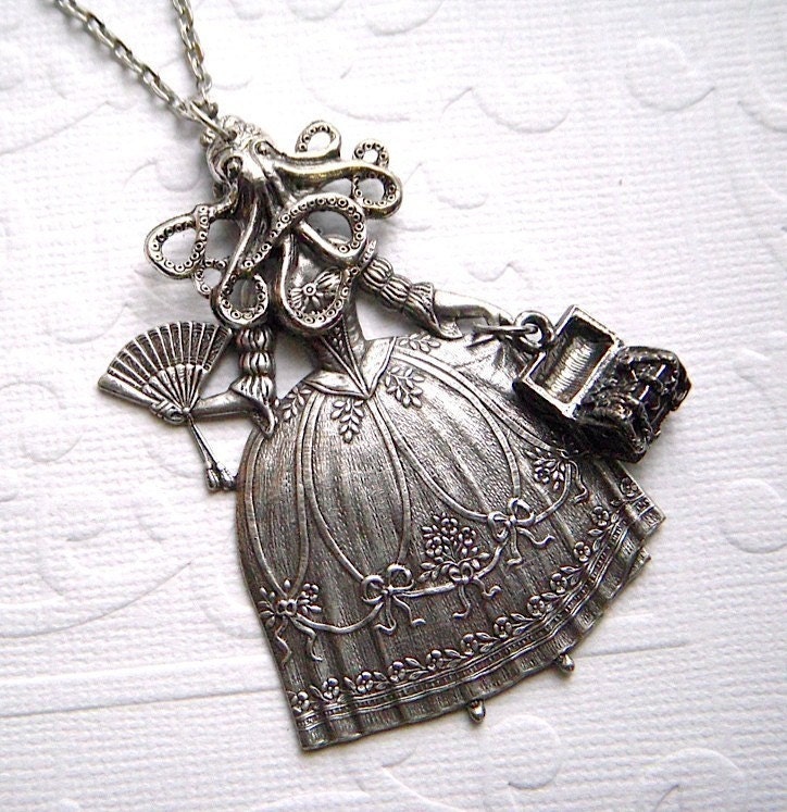Steampunk Necklace Octopus Girl Gothic Victorian Antiqued Silver Original Vintage Inspired Assemblage Jewelry Design By Cosmic Firefly