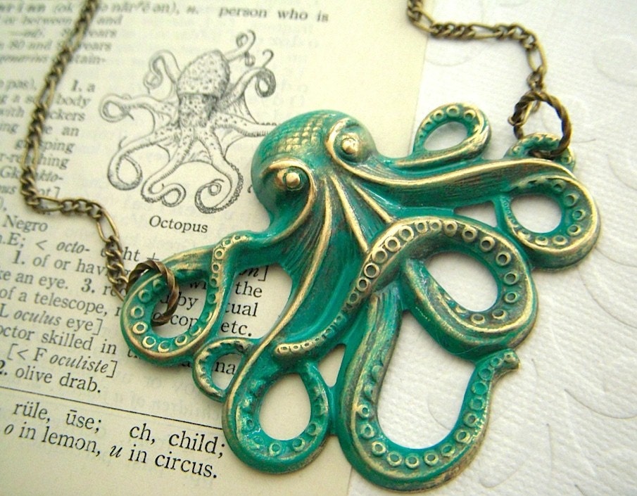 Green Octopus Necklace Jewelry Vintage Inspired Rustic Primitive Brass Nautical Victorian Steampunk Style Large Lightweight Gothic Victorian