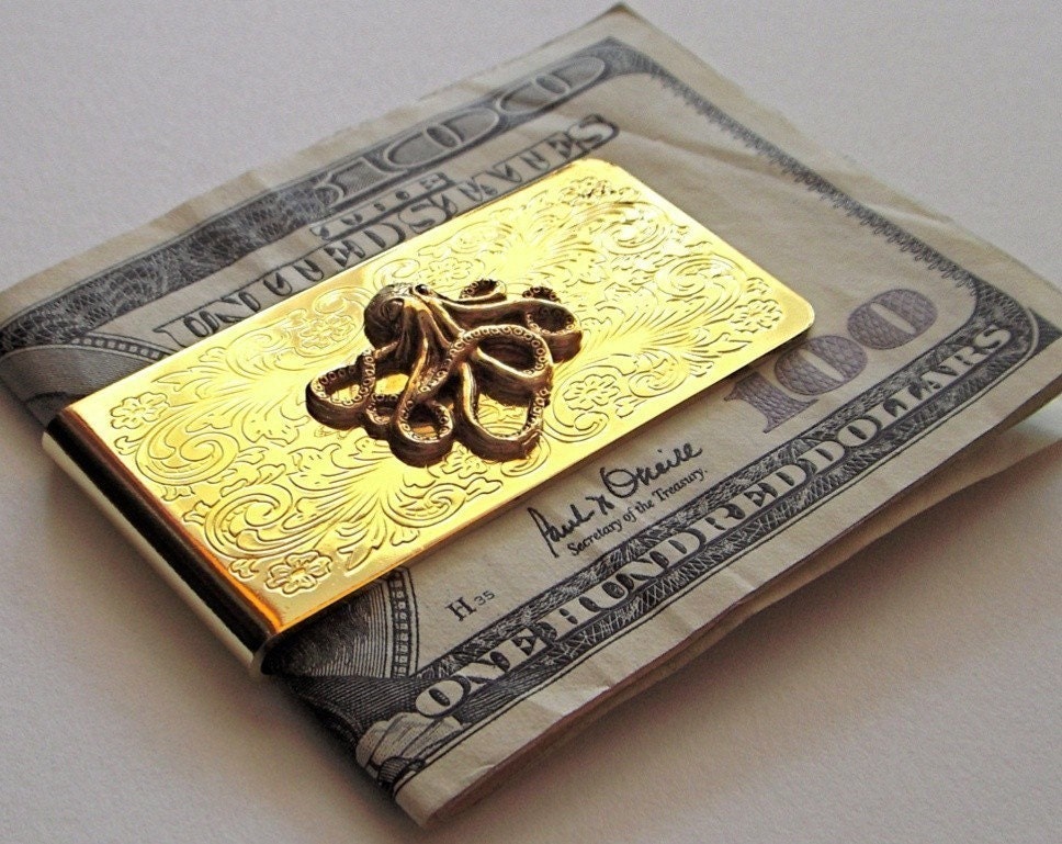 Octopus Money Clip Gold Tone Classic Slim Vintage Inspired Gothic Victorian Nautical Steampunk Men's Accessories As Featured On TheAwesomer