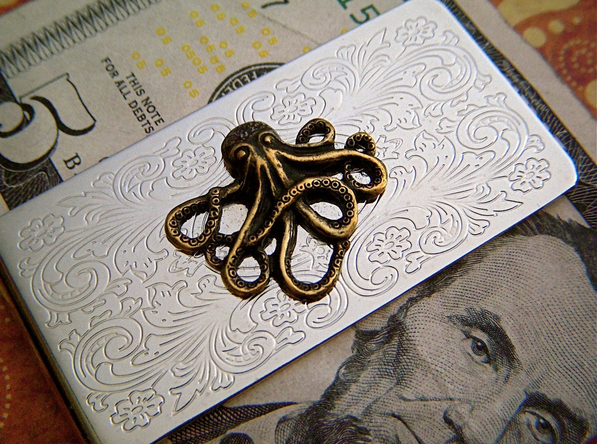 Money Clip Octopus Vintage Inspired Style Mixed Metals Silver & Brass Gothic Victorian Nautical Steampunk Pirate Accessories Gifts For Men