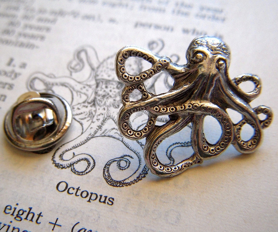 Octopus Tie Tack Lapel Pin Silver Plated Gothic Victorian Nautical Steampunk From Cosmic Firefly