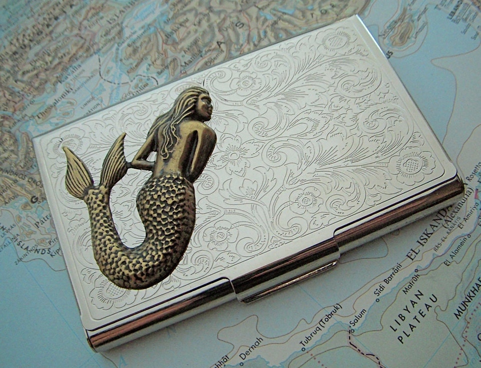 Mermaid Business Card Case Gothic Victorian Nautical Steampunk Pirate Silver Plated Metal & Antiqued Brass Mixed Metals Vintage Inspired