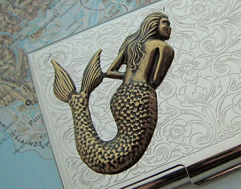 Mermaid Business Card Case Gothic Victorian Nautical Steampunk Pirate Silver Plated Metal & Antiqued Brass Mixed Metals Vintage Inspired