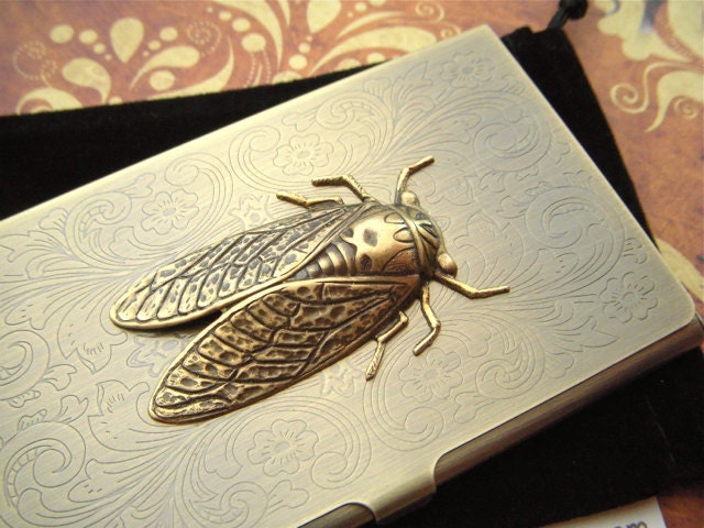 Cicada Bug Business Card Case Vintage Inspired Antiqued Bronze Brass Finish Metal Case Gothic Victorian Florentine Scroll