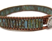 Beaded Leather wrap bracelet mini cuff style, rustic bohemian style, czech glass bugle beads