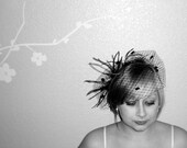 BirdCage Veil with Chenille Dots and Feather Fascinator- -  MIX and MATCH Available in Black,Red, White, and Hot Pink