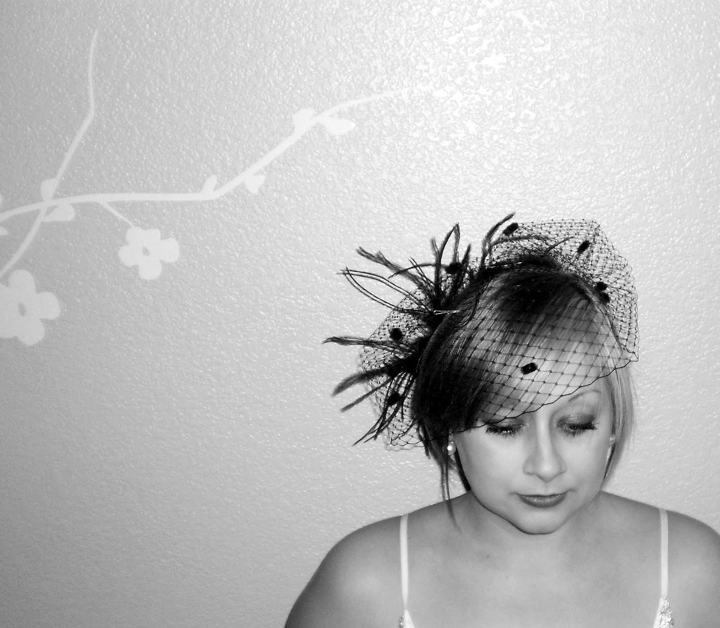 BirdCage Veil with Chenille Dots and Feather Fascinator- -  MIX and MATCH Available in Black,Red, White, and Hot Pink