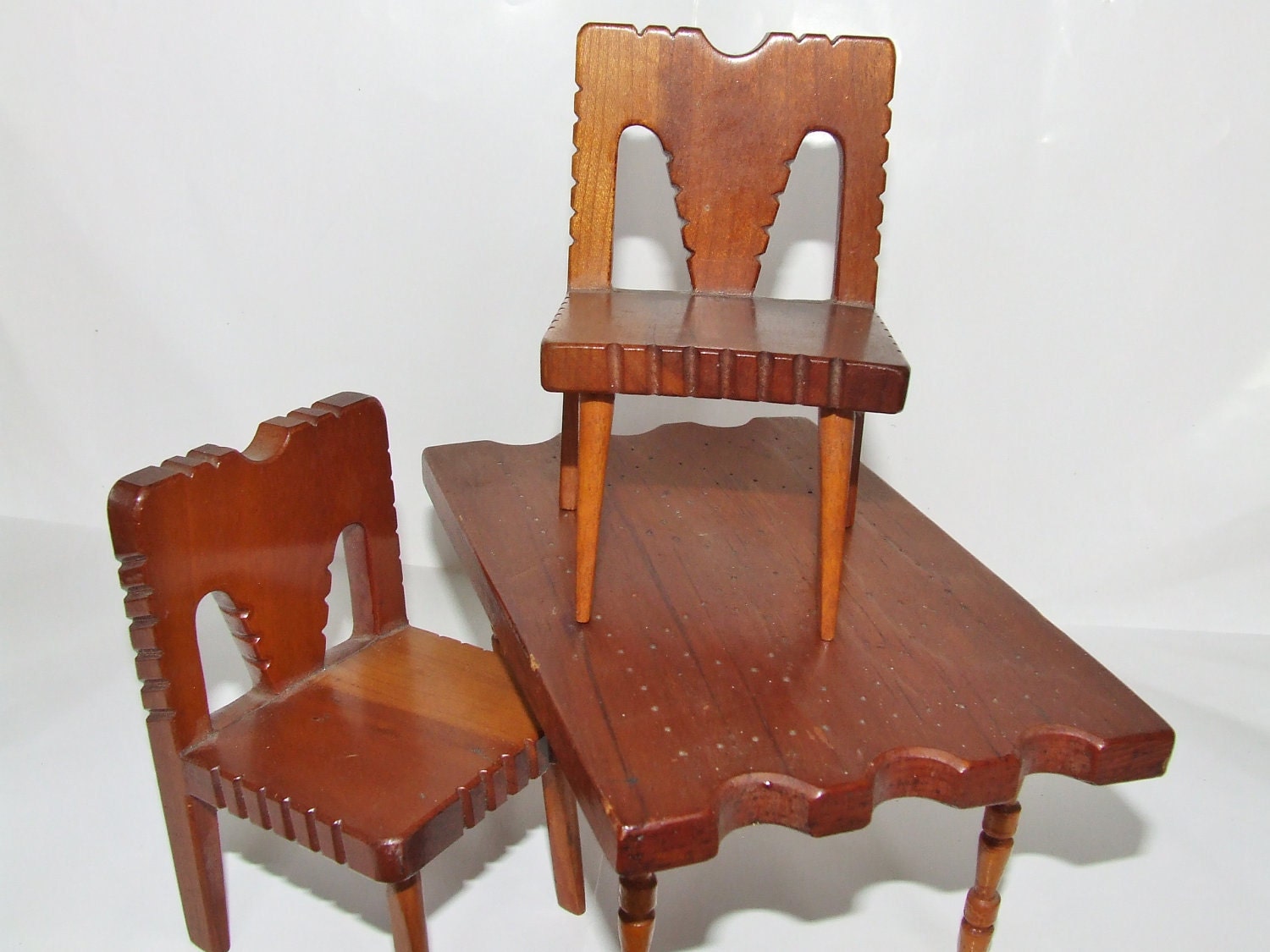 1940's 1950's Hand Made Doll Furniture -Dining Table w/ Two Chairs