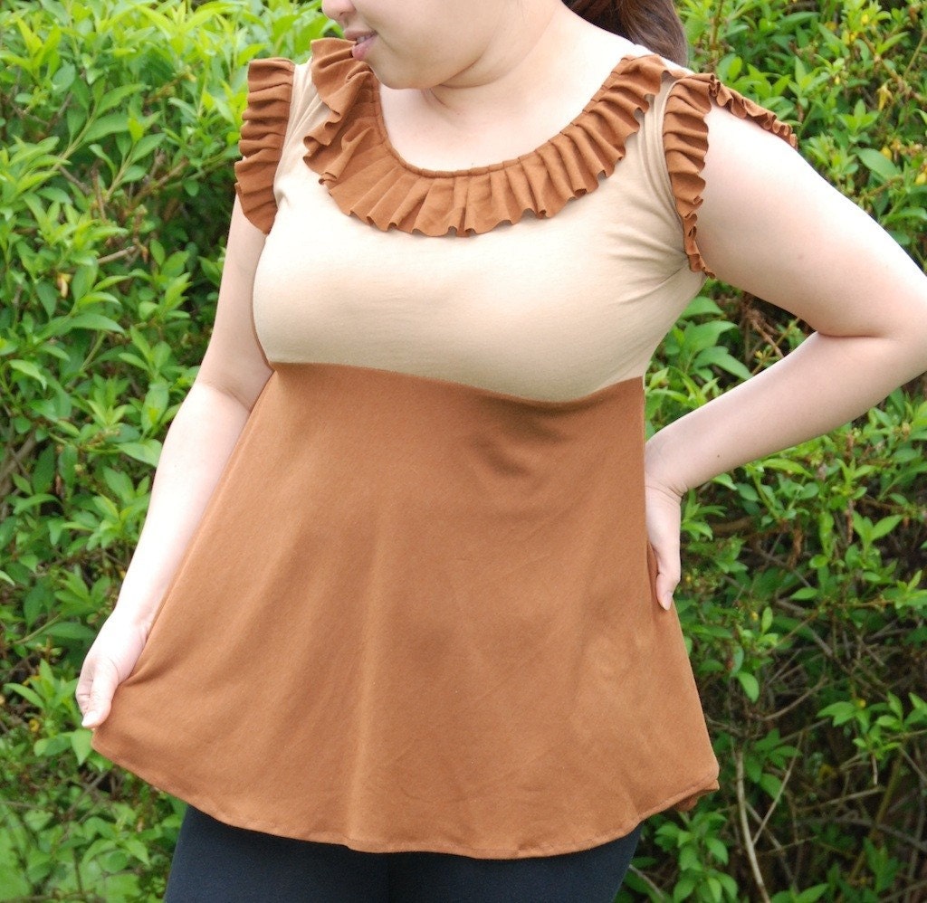 Topsy Curvy Coffe Mocha Ruffle Top ..... XL only -Now available in ECO FRIENDLY Bamboo and Cotton Blend Fabric
