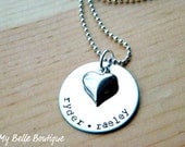 Personalized Hand Stamped Disc with Heart Charm - Necklace