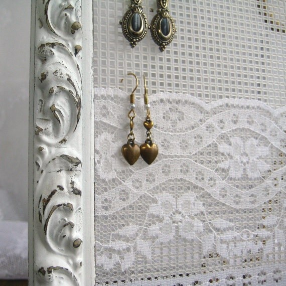 Distressed White Shabby Chic Repurposed Picture Frame Jewelry Display Organizer