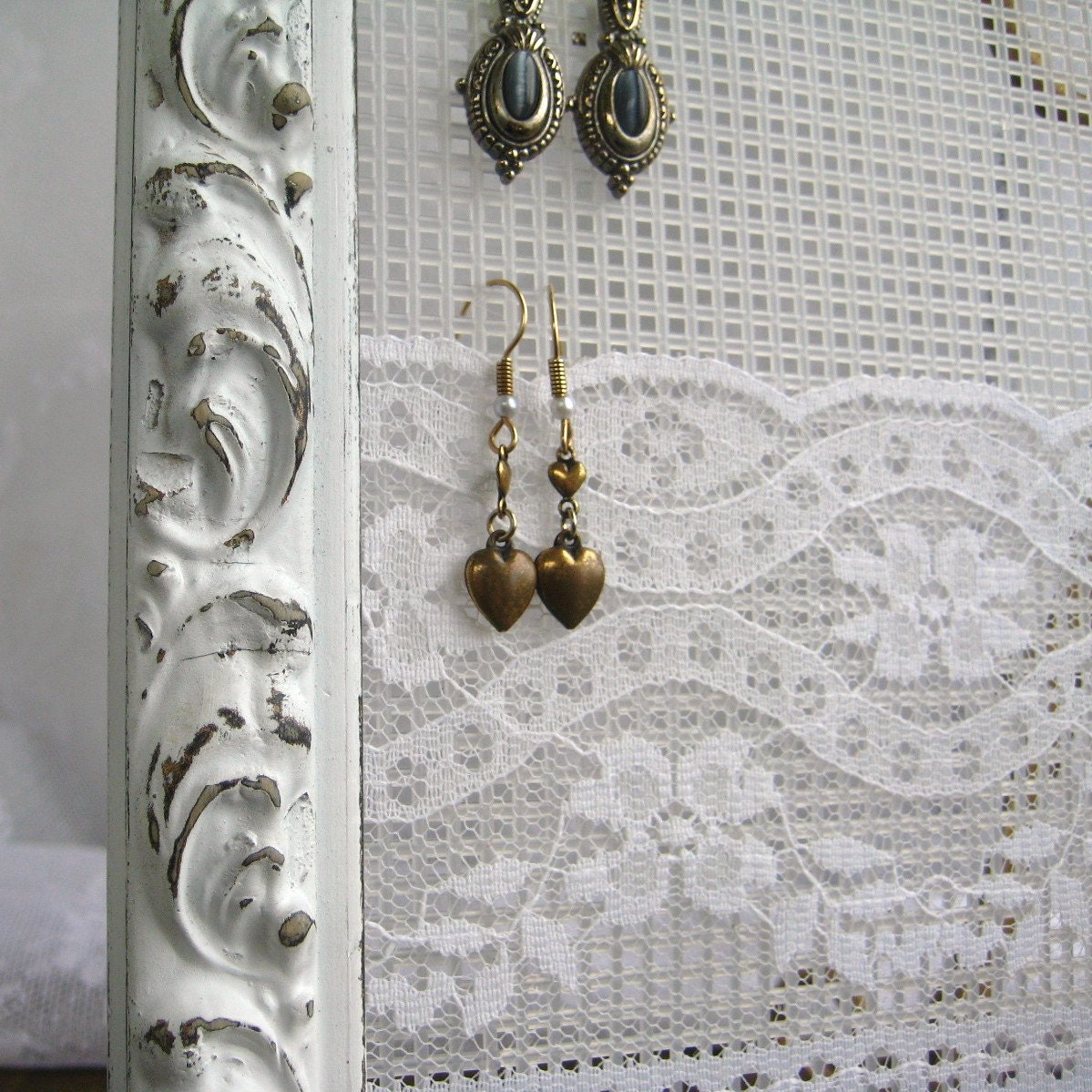 Distressed White Shabby Chic Repurposed Picture Frame Jewelry Display Organizer