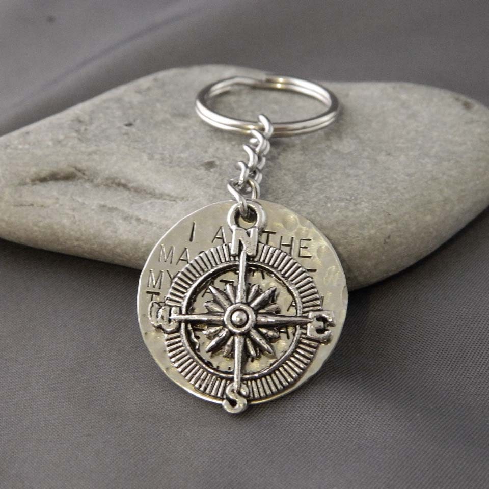 I Am the Master of my Fate, I am the Captain of my Soul with Compass Handstamped Keychain