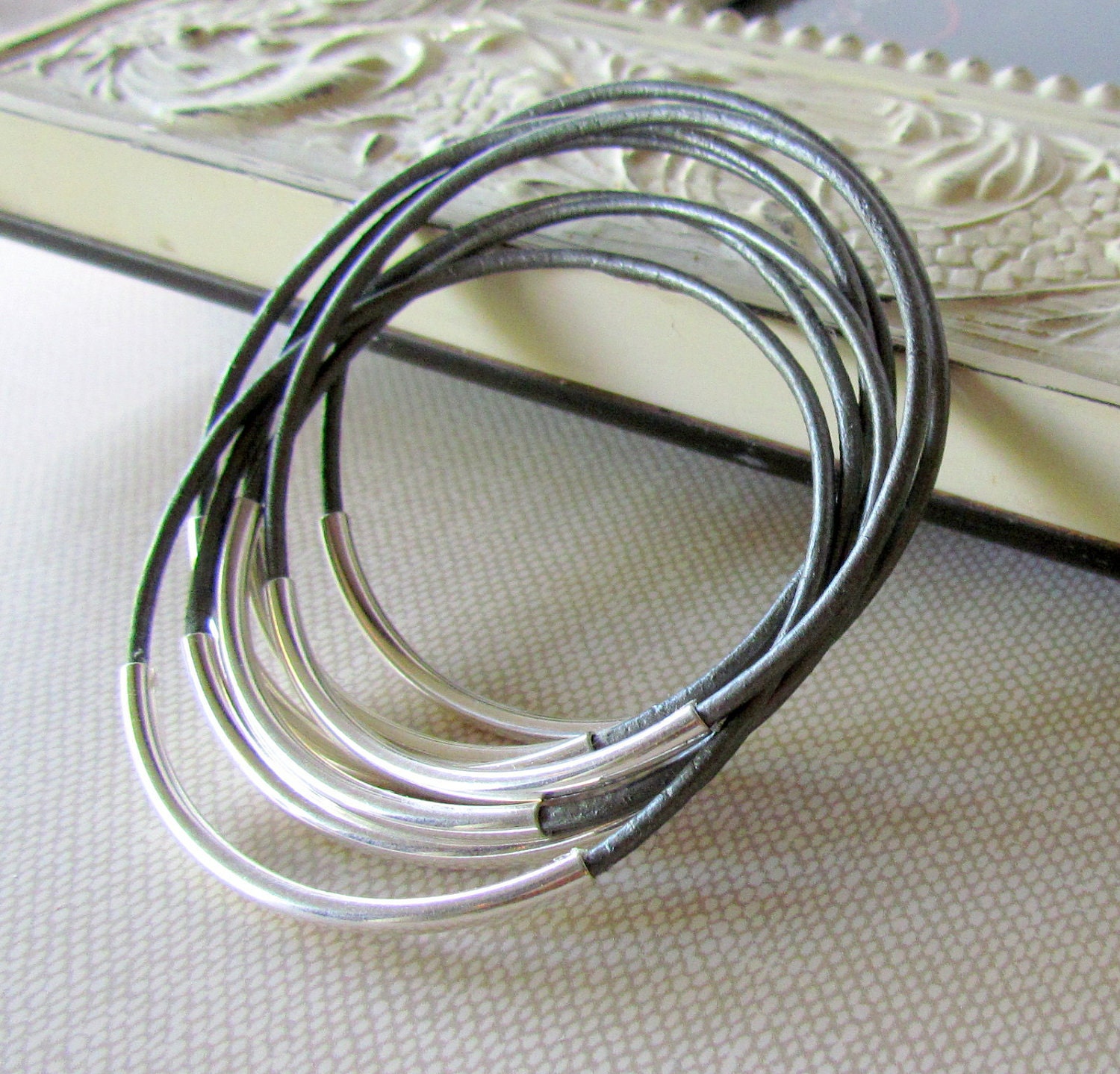 7 SILVER Grey Leather Bangles,Silver or Gold Beads, Set of Bracelets,Stack Bracelets,Metallic Women's Gray Leather Bracelets PapillonDaze