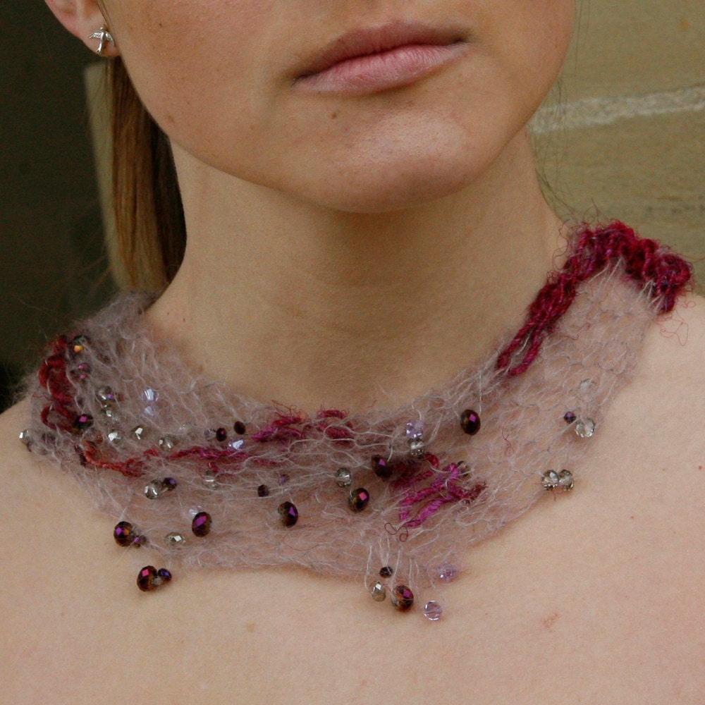 upcycled jewelry . knitted statement necklace . cherry bomb