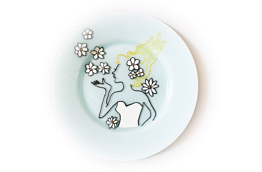 Stained Painting Glass Plate - Decorative Handmade Light Blue White Girl - Ready to ship