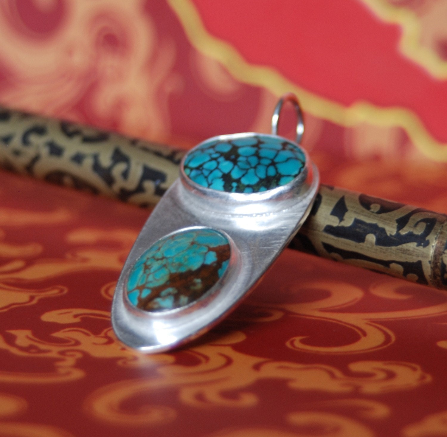Two Turquoise Stones of Love Silver Pendant