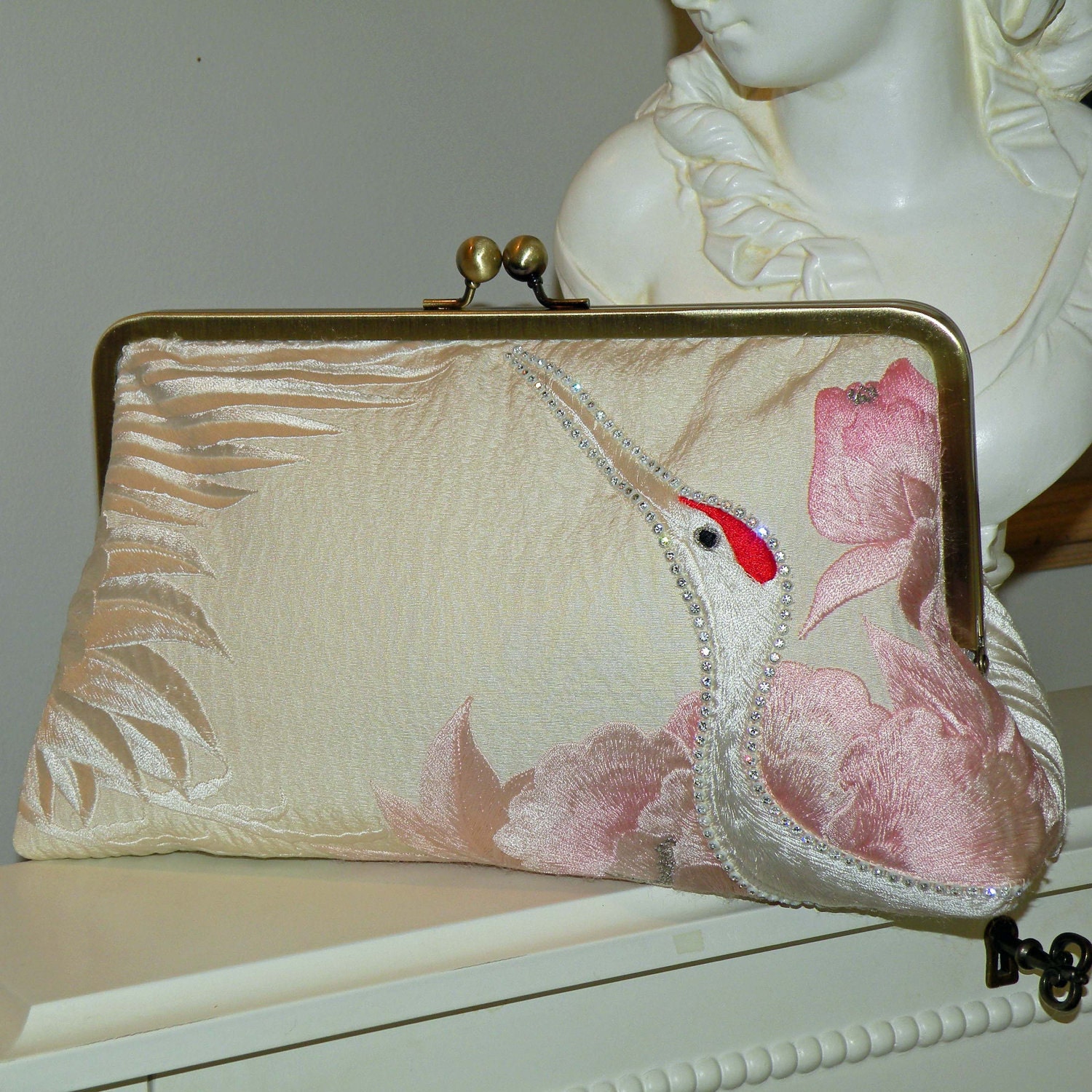 Silk Kimono Fabric Bag/Purse/Clutch..Embroidered Flying Crane/Chrysanthemum..Bridal..Wedding Gift..10 inch Large Frame..Free Monogram