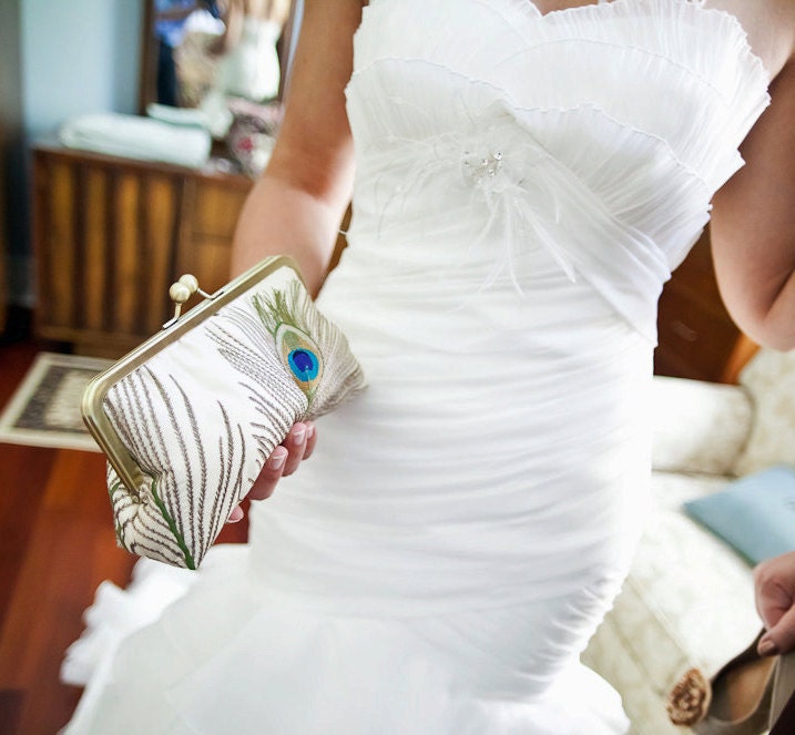 Peacock Feathers Embroidered Silk Clutch/Purse/Bag/Bridal..Ivory..Something New Something Bridal Blue Wedding..Free Monogram