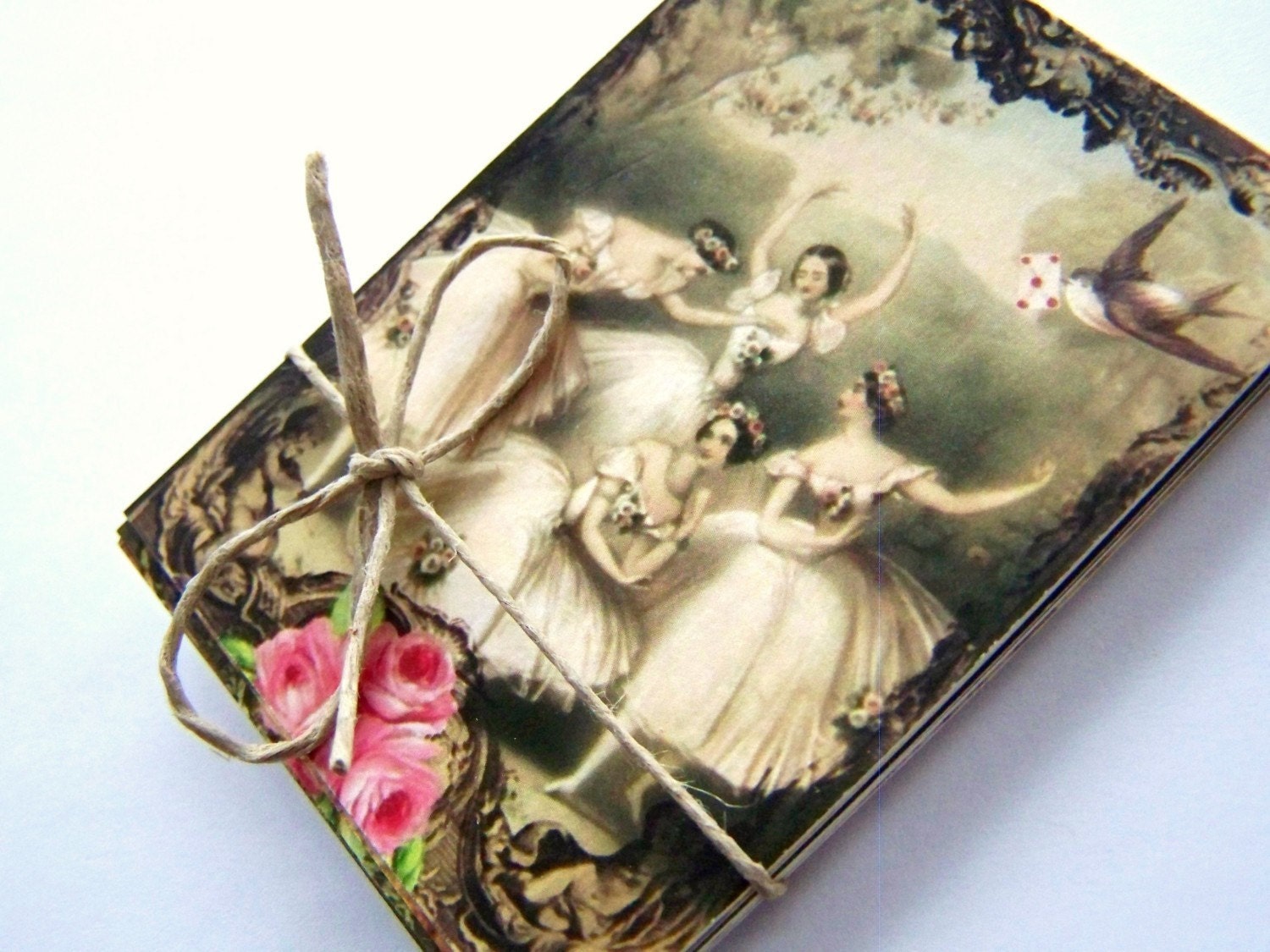 birds and ballerina mini art cards ... set of 36 ... dancing girls, forest scenes, roses, crowned birds ... collage supplies or mini notes