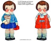 Dollie Dingle Vintage Paper Dolls Friends At School Digital Sheet C-277  for Transfers or Sewing into Dolls, Cards, Scrapbooking