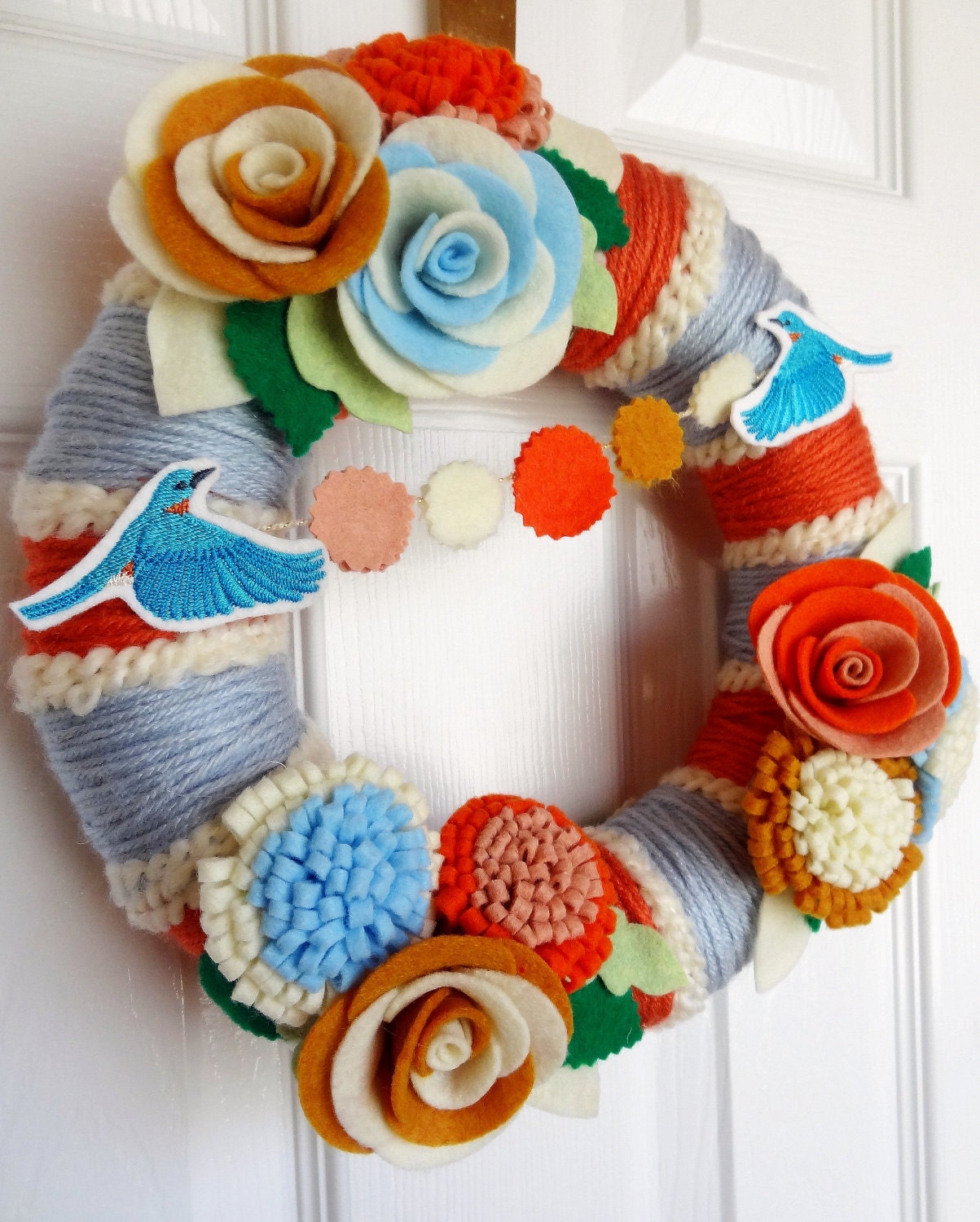Birds of a Feather- Limited Edition - The Original Felt Yarn Wreath -  Door Decoration in Blue and Orange with Sparrows and Felt Flowers