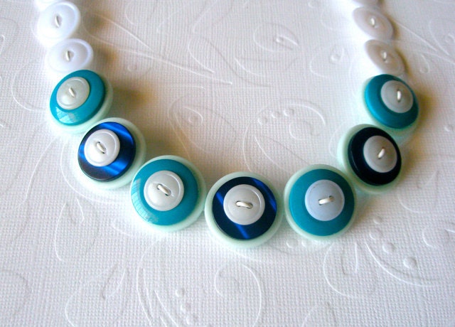 Button necklace, white, blue, aqua