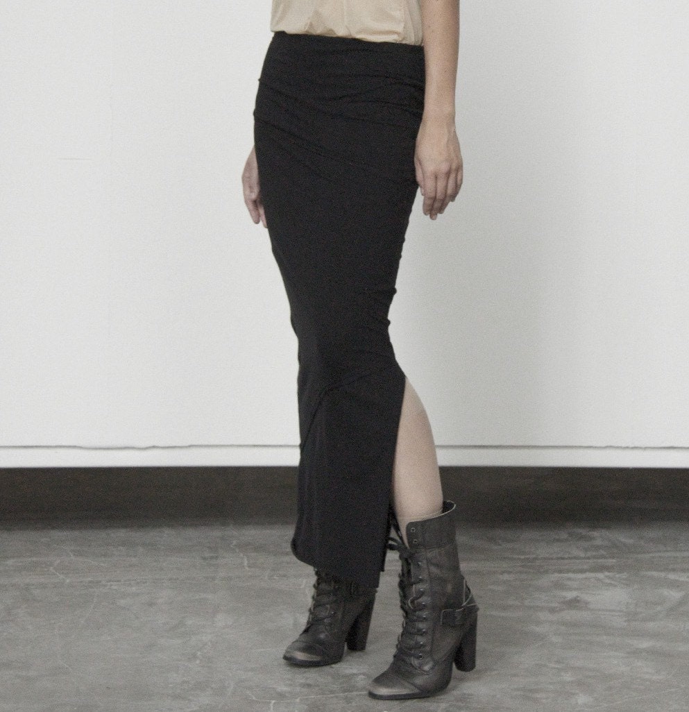 Black eco cotton jersey maxi skirt with decorative seams