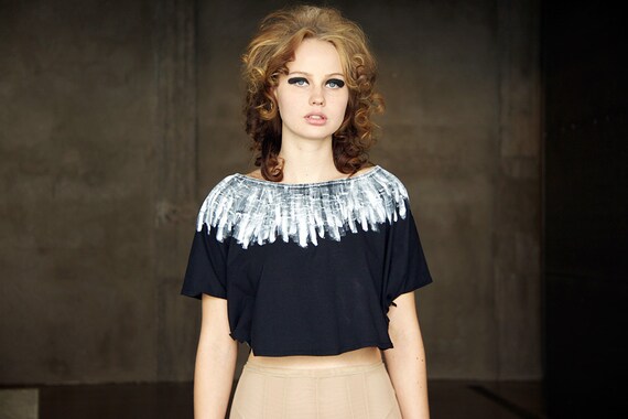 Black handpainted ecocotton jersey cape shirt with metal buttons -MADE TO ORDER
