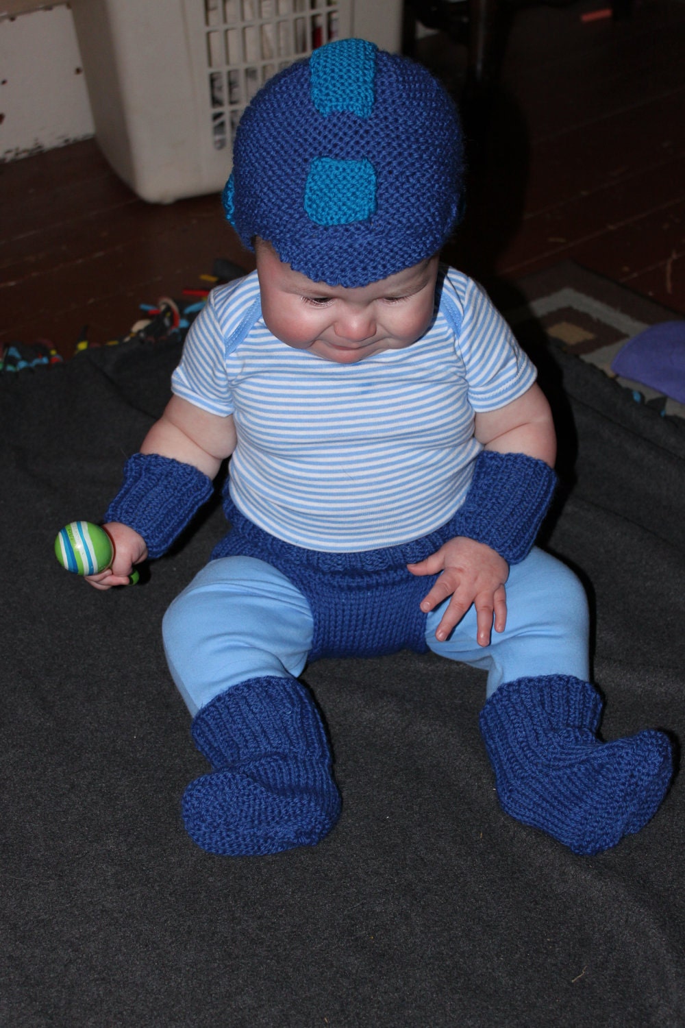 Custom Knit Baby Megaman suit - hat, booties, arm warmers, and diaper cover. Knit to order.
