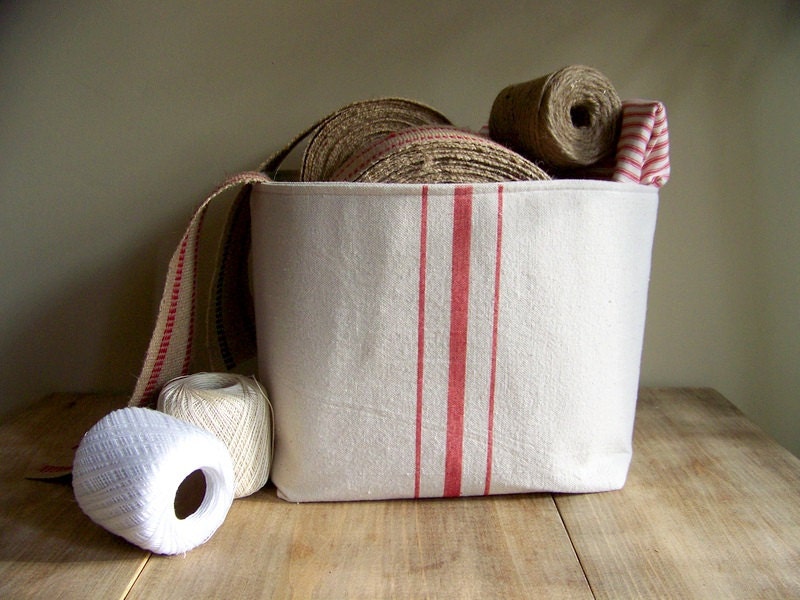 grainsack basket red stripe - vintage style - canvas - storage - organization - gift basket