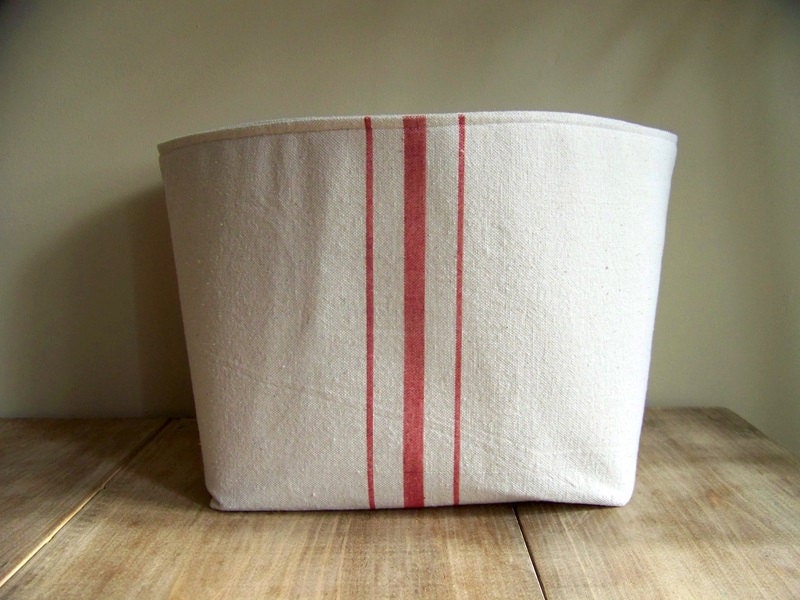 grainsack basket red stripe - vintage style - canvas - storage - organization - gift basket