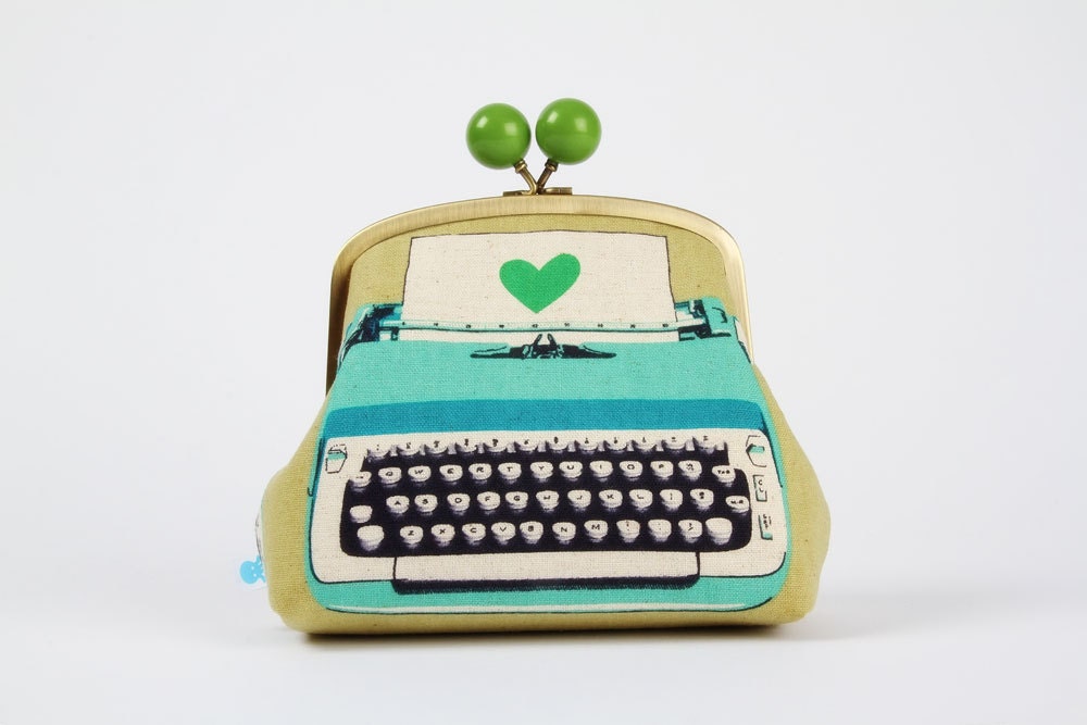 Color bobble pouch - Typewriters in blue and sage - metal frame pouch