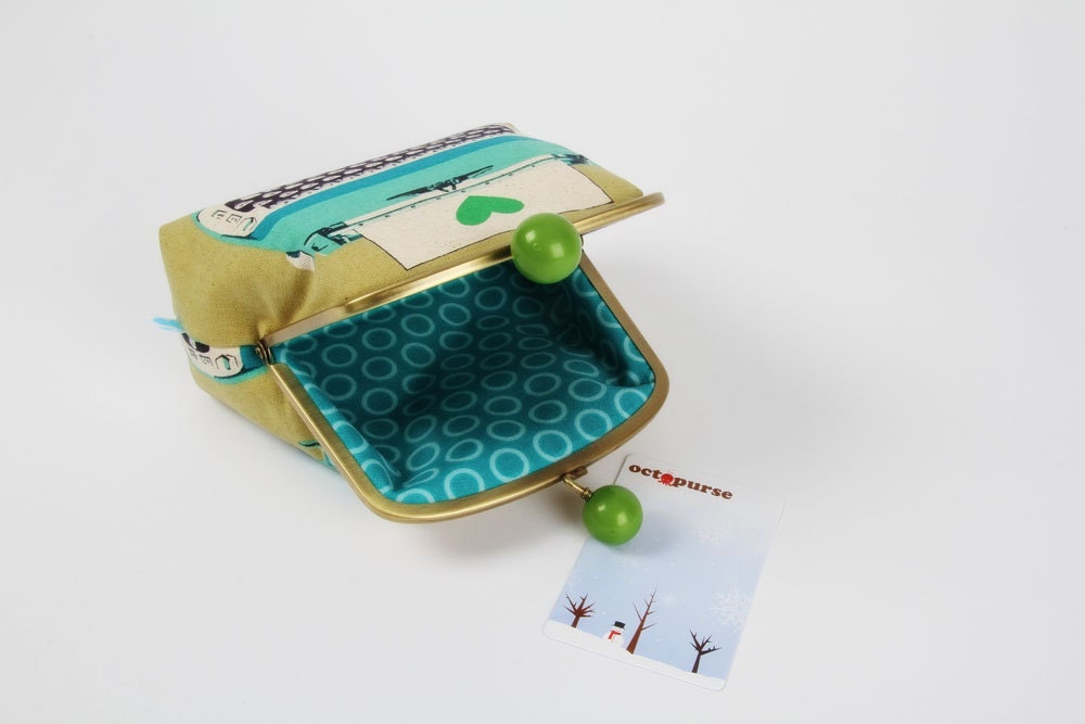 Color bobble pouch - Typewriters in blue and sage - metal frame pouch