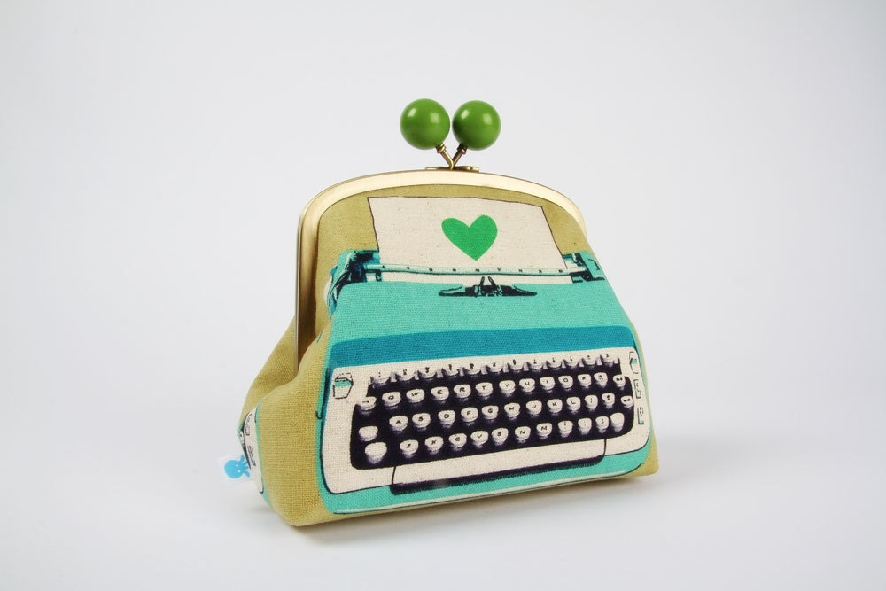 Color bobble pouch - Typewriters in blue and sage - metal frame pouch