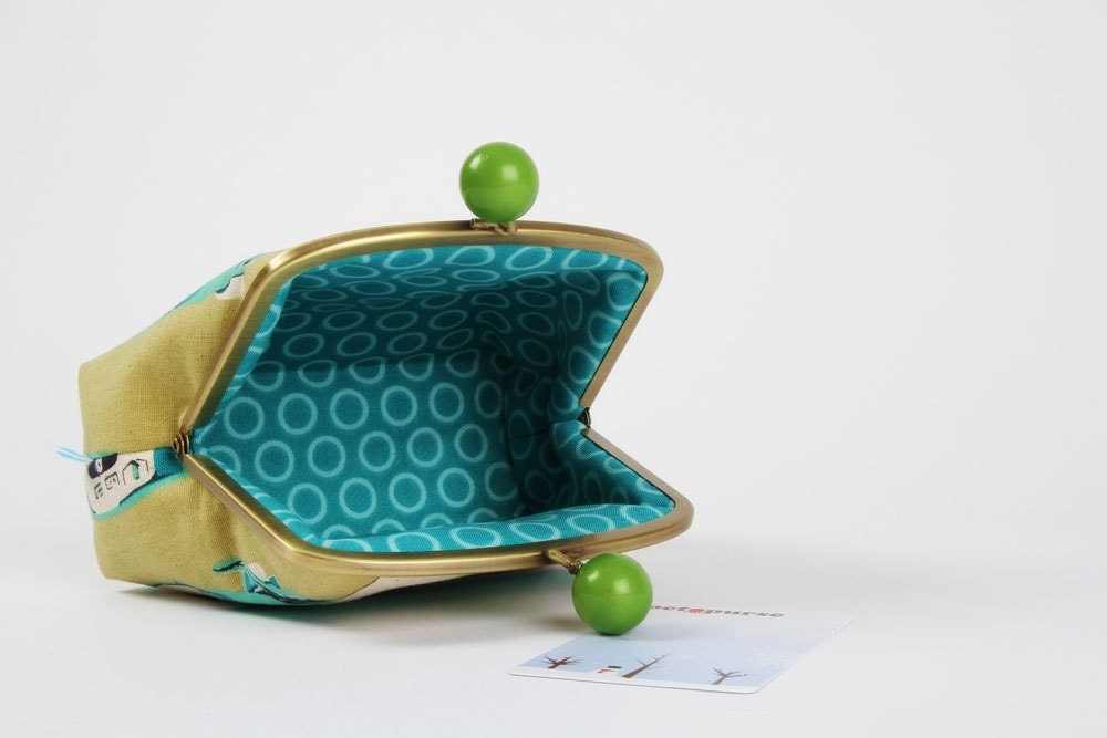 Color bobble pouch - Typewriters in blue and sage - metal frame pouch
